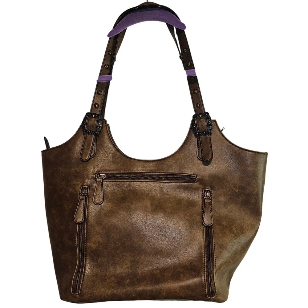 Angel Ranch Cactus‎ Print Tote Bag Brown Faux Leather Studded Western Shoulder